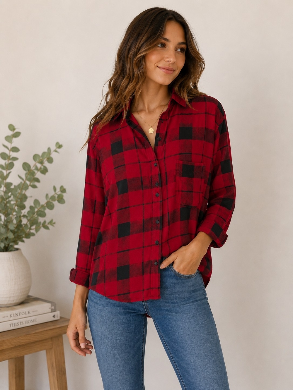 Wilfred Free 100% Rayon Red & Black Plaid Button-Up Shirt - Picture 1 of 9